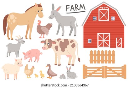 Farm animals set, barn and fence, vector illustration