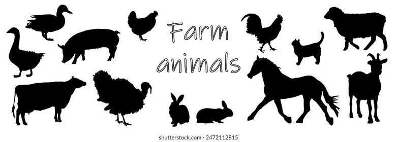  Animales de granja. Conjunto de siluetas negras de animales de granja. Caballo, cabra, vaca, pollo, gallo, ganso, pato, pavo, cerdo, cabra, gato. Sombras, blanco y negro