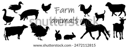  Farm animals. Set of black silhouettes of farm animals. Horse, goat, cow, chicken, rooster, goose, duck, turkey, pig, goat, cat. Shadows, black and white