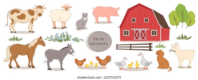 Farm animals set, farm and bushes on white background. Cartoon domestic animals collection. Vector illustration.