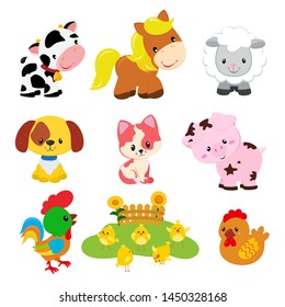 Farm animals set in cartoon style isolated on white background. Vector illustration. Cute cartoon animals collection: sheep, cow, horse, pig, cat, dog, chicken, hen, rooster