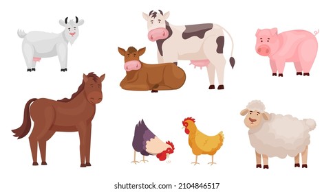 Farm animals set in cartoon style isolated on white background. Editable vector illustration. Cute collection: sheep, goat, pig, cow, horse, chicken. Graphic design. Countryside stock symbol for web