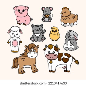 Farm animals set - cat, horse, chicken, chicken, pig, sheep, cow. Hand draw illustration. Kawaii face. Doodle style. Vector on isolated background. For kids printing and web