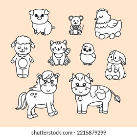 Farm animals set - cat, horse, chicken, chicken, pig, sheep, cow. Hand draw illustration. Kawaii face. Doodle style. Vector on isolated background. For kids printing and web