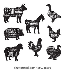 Farm animals set chalkboard decorative icons with cow sheep goose isolated vector illustration