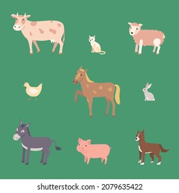 Farm animals set. Cow, horse, sheep, donkey, rabbit, pig, dog, cat, hen. Flat style illustration.