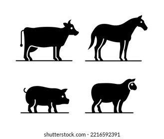 Farm animals set, cow, pig, horse and sheep. Icons in black. Vector illustration isolated on white background