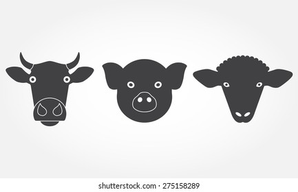 Farm Animals Set. Cow, Pig And Sheep Head Or Face Icons. Black Isolated Silhouettes. Vector Illustration.