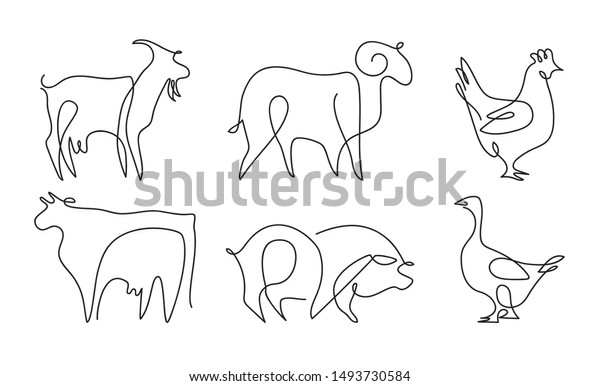 Farm animals set. Cow, ram, goat, pig, chicken,\
goose. Drawings in one\
line.