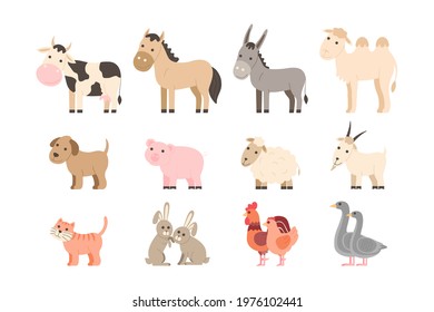 Farm animals set. Cute cartoon pet and domestic animals collection: cow, horse, donkey, camel, dog, pig, sheep, goat, cat, rabbit, rooster and chicken, goose. Vector illustration in cartoon flat style