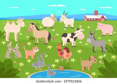 Farm animals set. Cute cartoon pet and domestic animals collection: cow, horse, donkey, camel, dog, pig, sheep, goat, cat, rabbit, rooster and chicken, goose. Vector illustration in cartoon flat style