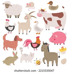 Animales de granja. Colección de animales de dibujos animados: ovejas, cabra, vaca, burro, cerdo, gato, perro, pato, ganso, pollo, gallina, gallina, gallo, conejo, abeja aislada. Ilustración vectorial plana