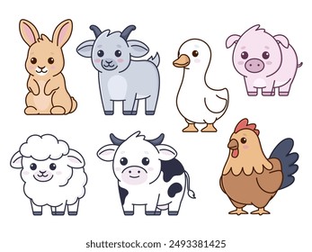 Animales de granja, conjunto de ilustraciones de niños de dibujos animados lindos, dibujos de Vector kawaii