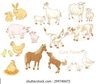 Farm animals set. Cute pets collections with moms and babes. Vector illustration