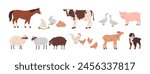 Farm animals set. Domestic livestock. Horse, cow, hen and chicken, sheep, goat, pig, rabbits and shepherd dog. Rural countryside fauna collection. Flat vector illustration isolated on white background