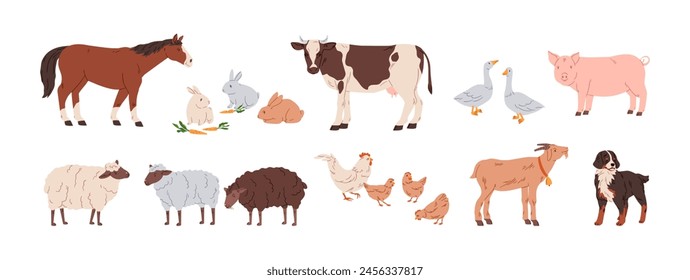 Farm animals set. Domestic livestock. Horse, cow, hen and chicken, sheep, goat, pig, rabbits and shepherd dog. Rural countryside fauna collection. Flat vector illustration isolated on white background