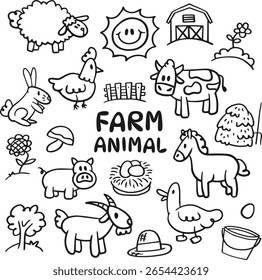 Farm animals set doodle vector illustration