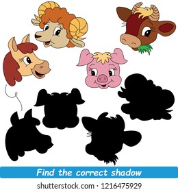 Farm animals set to find the correct shadow, the matching educational kid game to compare and connect objects and their true shadows, simple gaming level for preschool kids.