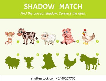 Farm Animals Set Find the Correct Shadow. Shadow Matching Educational Game for Kids to Compare and Connect Objects and Shadows, Simple Game For Preschool Children Learning Games