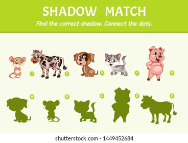 Farm Animals Set Find the Correct Shadow. Shadow Matching Educational Game for Kids to Compare and Connect Objects and Shadows, Simple Game For Preschool Children Learning Games
