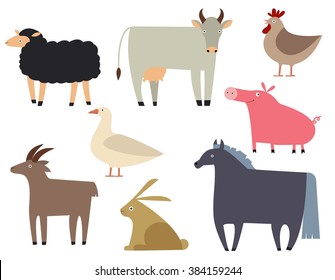Farm animals set. Flat illustration of animals.Cute and funny farm animals isolated on background.