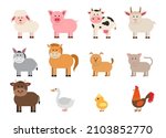 Farm animals set in flat style isolated on white background. Vector illustration. Cute cartoon animals collection: sheep, goat, cow, donkey, horse, pig, cat, dog, duck, goose, chicken, rooster 