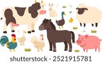 Farm animals set in flat style isolated on white background, Cute cartoon animals,  sheep, cow,  horse, pig, rabbit , duck, goose, chicken