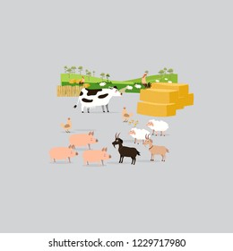 Farm animals set in flat style isolated on gray background. Vector illustration. Cute cartoon animals collection