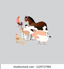 Farm animals set in flat style isolated on gray background. Vector illustration. Cute cartoon animals collection