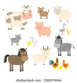 Farm animals set in flat style isolated on white background, vector illustration. Cute cartoon animals collection: sheep, goat, cow, donkey, horse, pig, cat, dog, duck, goose, chicken, hen, rooster.