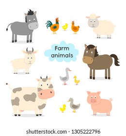 Farm animals set in flat style isolated on white background, vector illustration. Cute cartoon animals collection: sheep, goat, cow, donkey, horse, pig, cat, dog, duck, goose, chicken, hen, rooster.