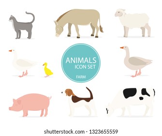 Farm animals set in flat style isolated on white background.  Cute cartoon animals collection: sheep, cow, donkey, pig, cat, dog, duck, goose, hen, rooster