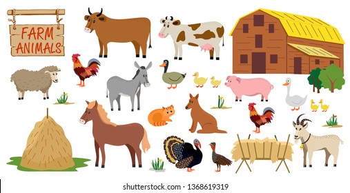 
Farm animals set in flat style isolated on white background. Vector illustration. Cute cartoon animals collection: sheep, goat, cow, donkey, horse, pig, cat, dog, duck, goose,  rooster, turkey.