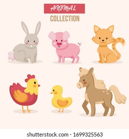 Farm animals set in flat style isolated on white background.