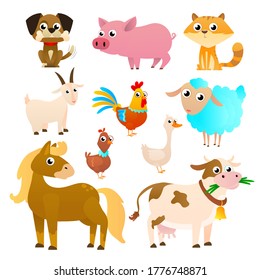 Farm animals set in flat style isolated on white background. Vector illustration. Cute cartoon animals collection: dog, cat, sheep, goat, cow, donkey, pig, horse, duck, goose, chicken, rooster