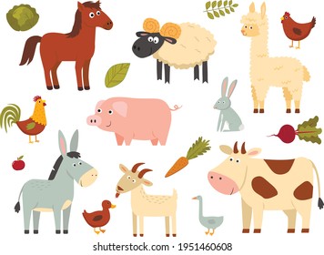 Farm animals set in flat style isolated on white background. Vector illustration. Cute cartoon animals collection: sheep, goat, cow, donkey, horse, pig, duck, goose, chicken, hen, rooster, rabbit