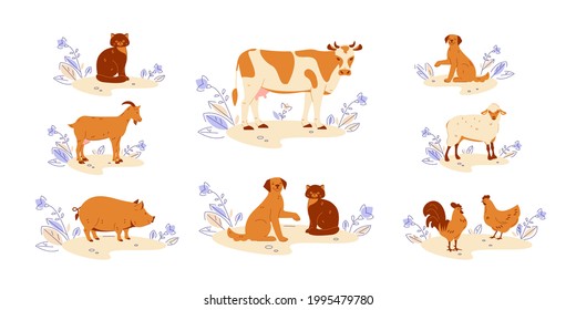Farm animals set in flat style. Collection of animals on nature in cartoon style cow goat sheep rooster chicken cat dog pig.