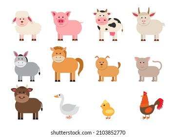 Farm animals set in flat style isolated on white background. Vector illustration. Cute cartoon animals collection: sheep, goat, cow, donkey, horse, pig, cat, dog, duck, goose, chicken, rooster 