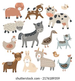 Farm animals set in flat style isolated on white background. Vector illustration. Cute cartoon animals collection: sheep, goat, cow, donkey, horse, pig, cat, dog, goose, chicken, hen, rooster