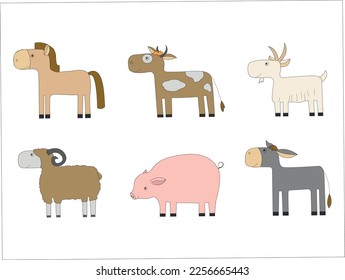 Farm animals set in flat style, isolated on white background. Cute cartoon animals collection: sheep, goat, cow, donkey, horse, pig. Vector illustration for the design of children's educational toys.
