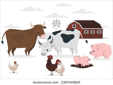 Animales de granja acondicionados en un estilo plano aislados en un fondo blanco. Ilustración vectorial. Colección de animales de dibujos animados: ovejas, cabras, vacas, burros, caballos, cerdos, gatos, perros, patos, gansos, gallinas, gallinas, gallos