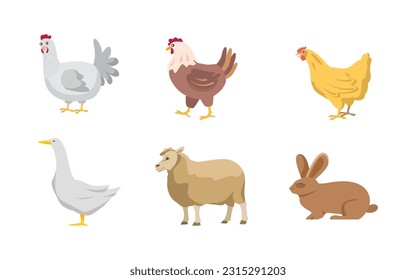 Farm animals set in flat style isolated on white background, animal collection vector illustration rooster, domestic fowl, goose, duck, sheep, rabbit.