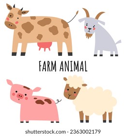 Farm animals set in flat style. Cute cartoon animals: sheep, goat, cow, pig.