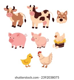 Animales de granja acondicionados en un estilo plano, aislados en un fondo blanco. Ilustración vectorial. Colección de animales de dibujos animados: pato, cerdo, vaca, gallina, polluelo, perro