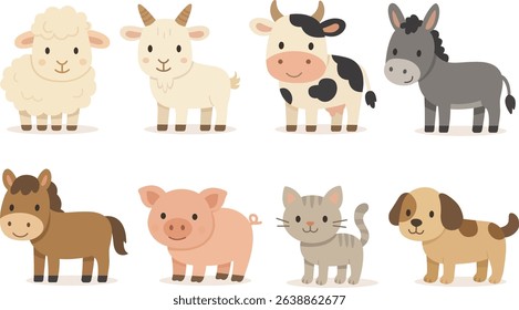 Farm animals set in flat style isolated on white background. Vector illustration. Cute cartoon animals collection: sheep, goat, cow, donkey, horse, pig, cat, dog