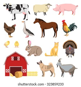 Farm Animals Set In Flat Style And Related Items. Cow, Sheep, Dog, Cat, Goat, Horse, Turkey, Goose, Rooster,  Chick, Chicken, Pig, Rabbit. Vector Illustration.