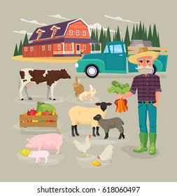Farm animals set in flat style isolated on background. Vector illustration. Cartoon animals collection. Farming infographic elements. Farmer character with fresh vegetables bunch. 