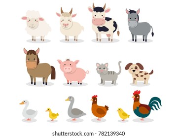 Farm animals set in flat style isolated on white background. Vector illustration. Cute cartoon animals collection: sheep, goat, cow, donkey, horse, pig, cat, dog, duck, goose, chicken, hen, rooster