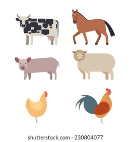 Farm animals set in flat vector style with a chicken hen cock pig sheep beef dairy cow horse 