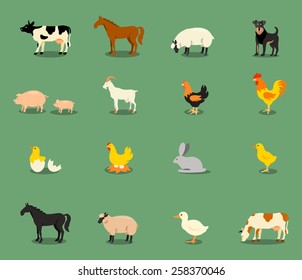 Farm animals set in flat vector style with a chicken hen cock pig sheep beef dairy cow horse.